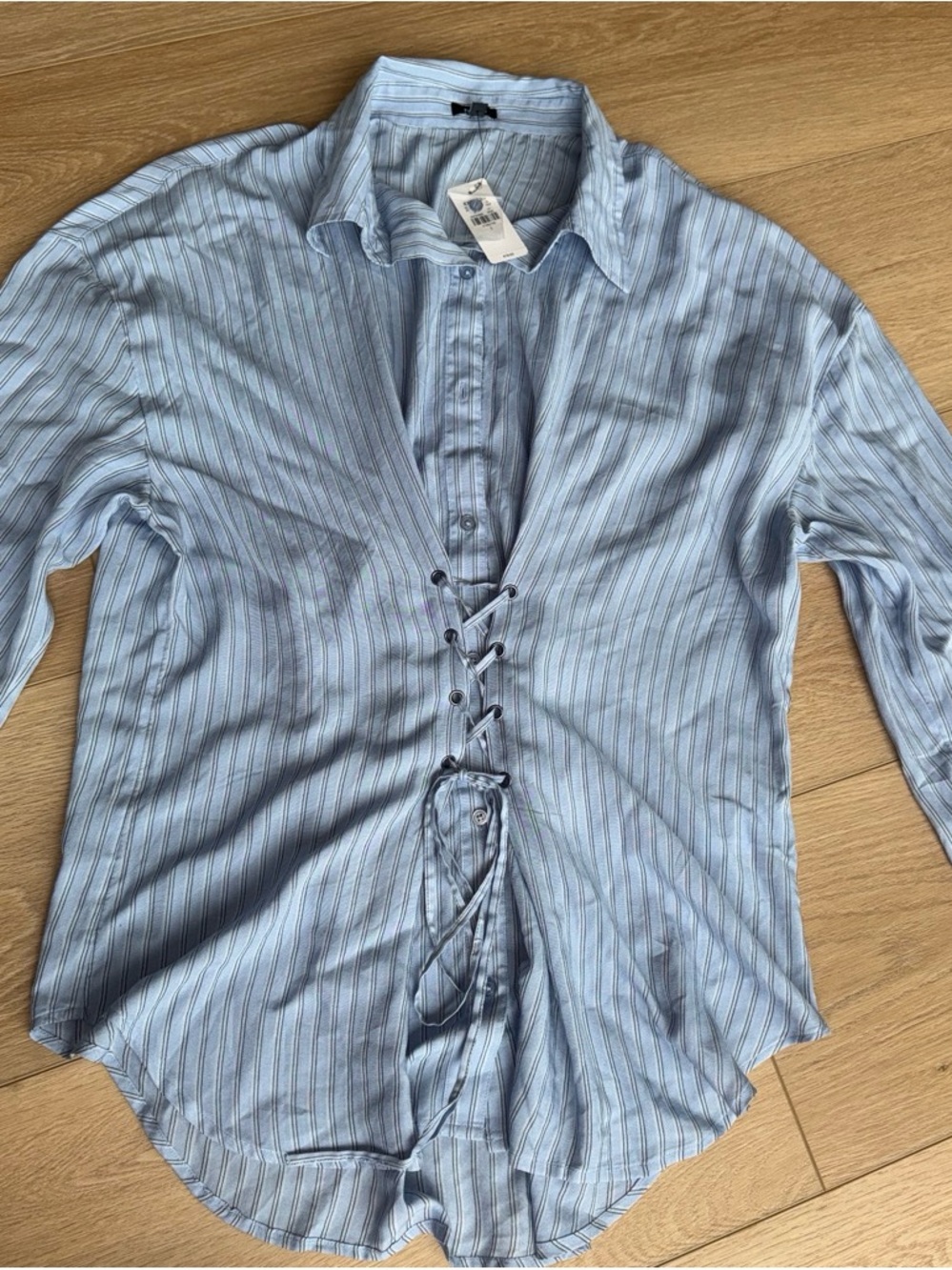 Express Light Blue Striped Lace-Up Button Down Shirt